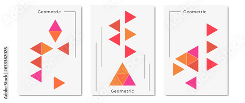 Colorful neogeometric poster. Colored geometric triangles and shapes. Modern abstract set of vector illustrations for advertising flyers. Geometric template poster, neo brochure template