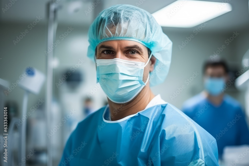 Surgeon man with a blue medical uniform smiling in the operating room. Generative AI. Surgeon man with a blue medical uniform smiling in the operating room. Generative AI.