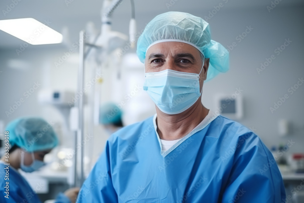 Experienced surgeon man with a blue medical uniform smiling in the operating room. Generative AI. Experienced surgeon man with a blue medical uniform smiling in the operating room. Generative AI.