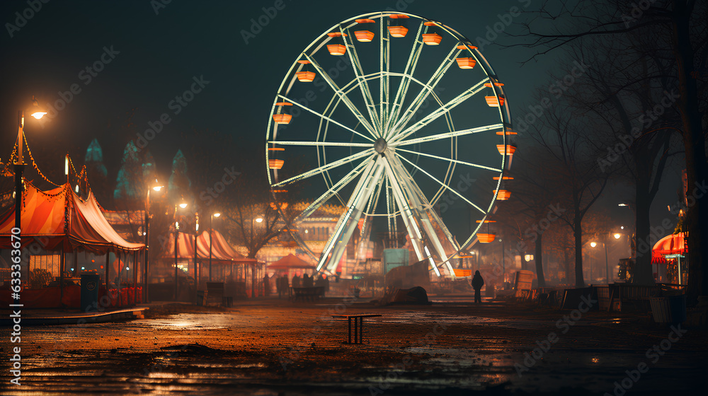 amusement park in winter at night