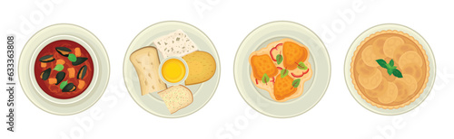 French Food Dishes Served on Plates for Restaurant Menu Top View Vector Set