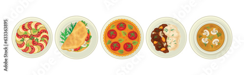 French Food Dishes Served on Plates for Restaurant Menu Top View Vector Set