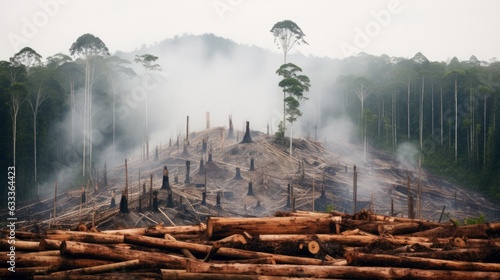 Amazon rainforest illegal deforestation landscape view of trees. AI generative.