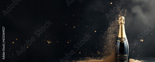 Champagne bottle with champaign cups wide banner with copy space for text. AI generative. © vadymstock