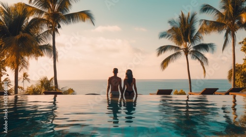 Couple enjoying beach vacation holidays at tropical resort with swimming pool and coconut palm trees near the coast with beautiful landscape. AI generative.