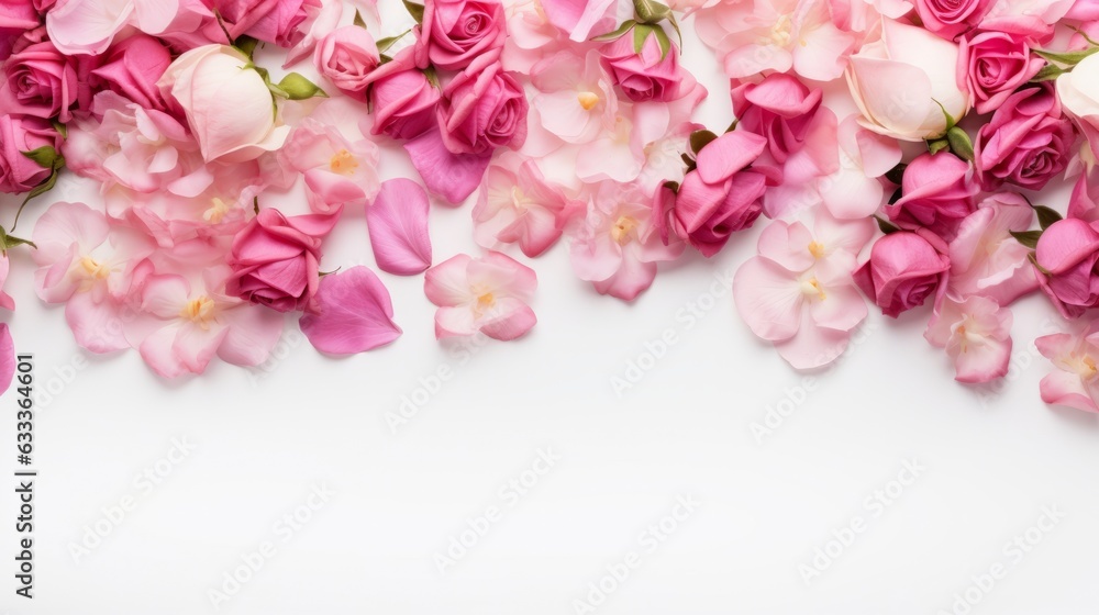 Decorative web banner. Close up of blooming pink roses flowers and petals isolated on white table background. Floral frame composition. Empty space, flat lay, top view. AI generative. Decorative web banner. Close up of blooming pink roses flowers and petals isolated on white table background. Floral frame composition. Empty space, flat lay, top view. AI generative.