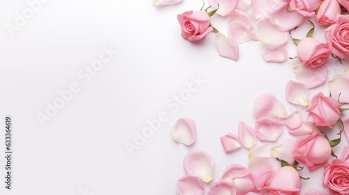 Decorative web banner. Close up of blooming pink roses flowers and petals isolated on white table background. Floral frame composition. Empty space  flat lay  top view. AI generative.
