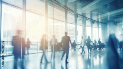 Blurred people walk in the office, large group business people moving around, glass fronted office building, The interior panels of glass are reflecting the sun and clouds outside