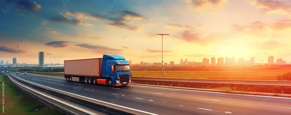 Logistics import export and cargo transportation industry concept of Container Truck run on highway road at sunset blue sky background. AI generative.