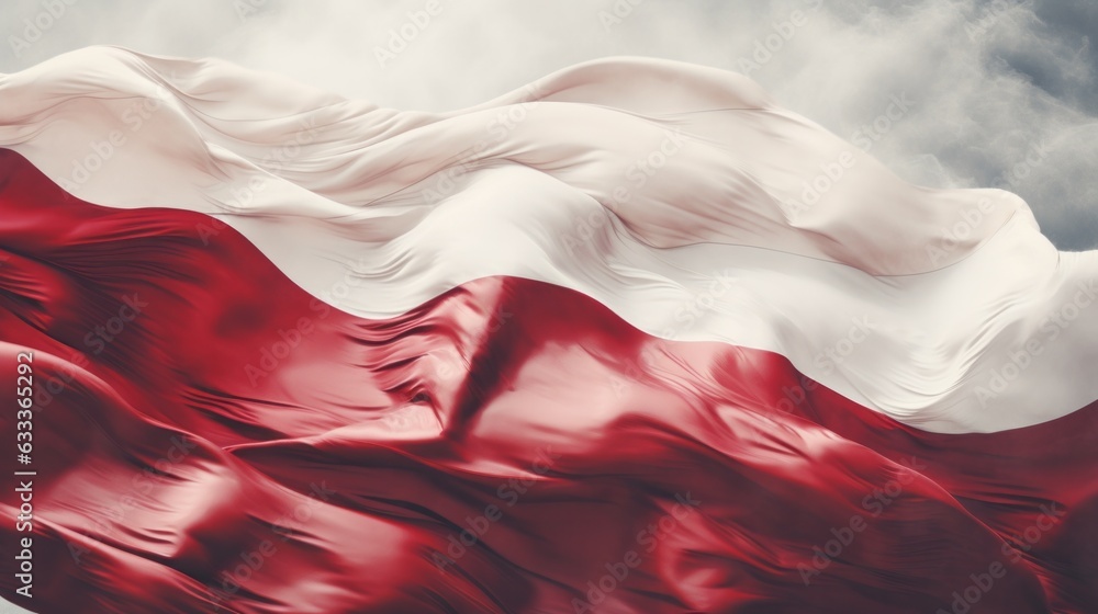 Illustration of the Polish flag waving in the wind in vintage style. White and red national colors of Poland. AI generative. - obrazy, fototapety, plakaty 