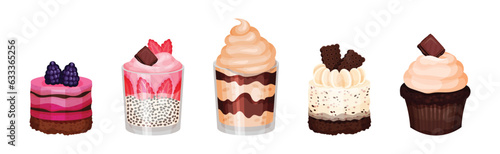 Sweet Pastry and Dessert Food with Cream, Berry and Chocolate Vector Set
