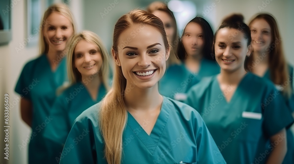 Portrait of a young nursing student standing with her team in hospital, dressed in scrubs, Doctor intern. AI generative. Portrait of a young nursing student standing with her team in hospital, dressed in scrubs, Doctor intern. AI generative.