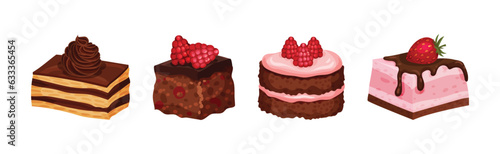 Sweet Pastry and Dessert Food with Cream, Berry and Chocolate Vector Set