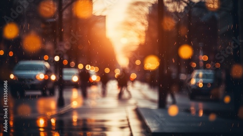 Sunset bokeh in the city. Photo with a lights. Blurred nighttime scene of a city bokeh. AI generative.