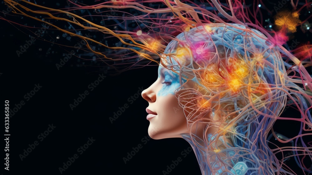 Woman's brain and nervous system pathways and nerve firing. AI generative. Woman's brain and nervous system pathways and nerve firing. AI generative.