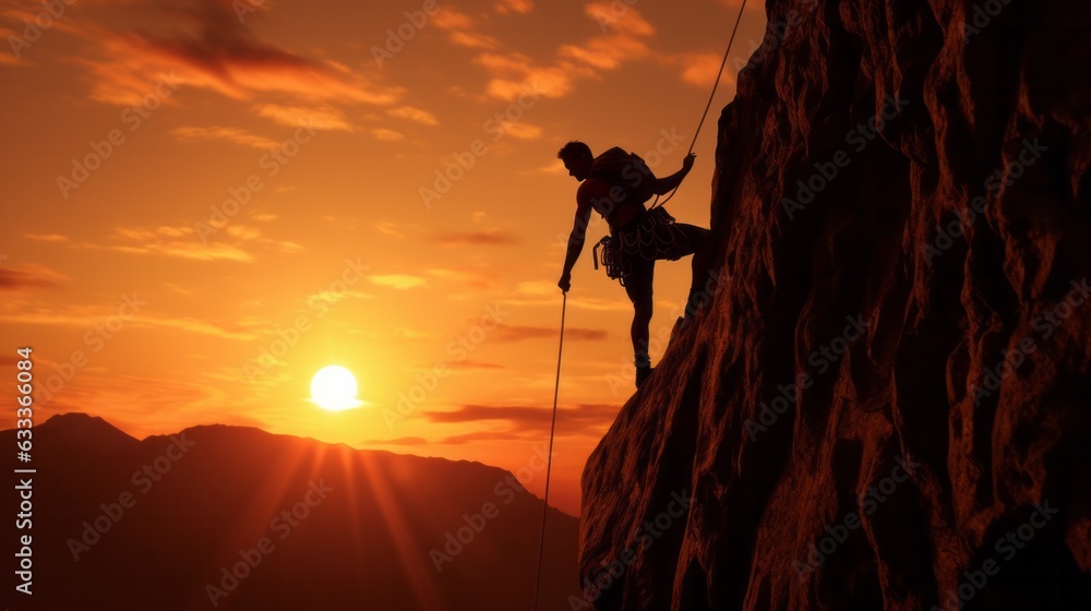 Rock climber in the evening a young man of Caucasian descent ascends a difficult route on an overhanging cliff. AI generative