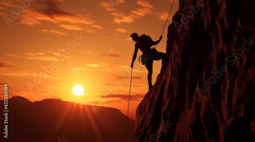 Rock climber in the evening a young man of Caucasian descent ascends a difficult route on an overhanging cliff. AI generative photo