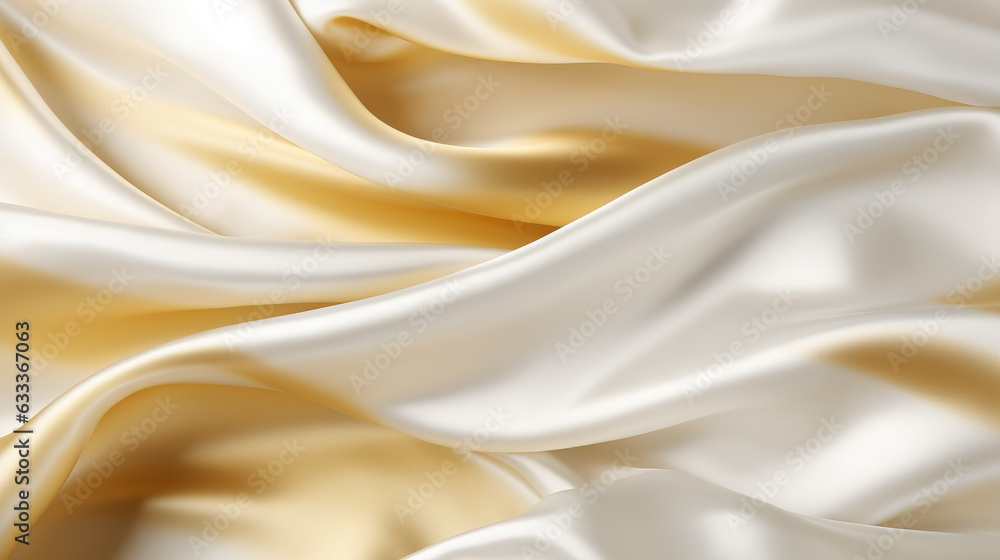 white background. Silk satin. golden color. Elegant background with space for design. Soft wavy folds