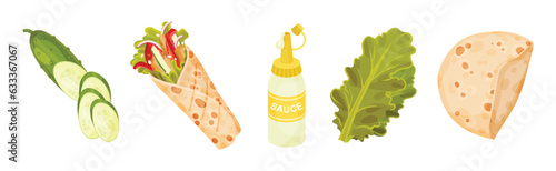 Doner Kebab Sandwich Ingredients with Cucumber, Sauce, Lettuce and Crumpet Vector Set