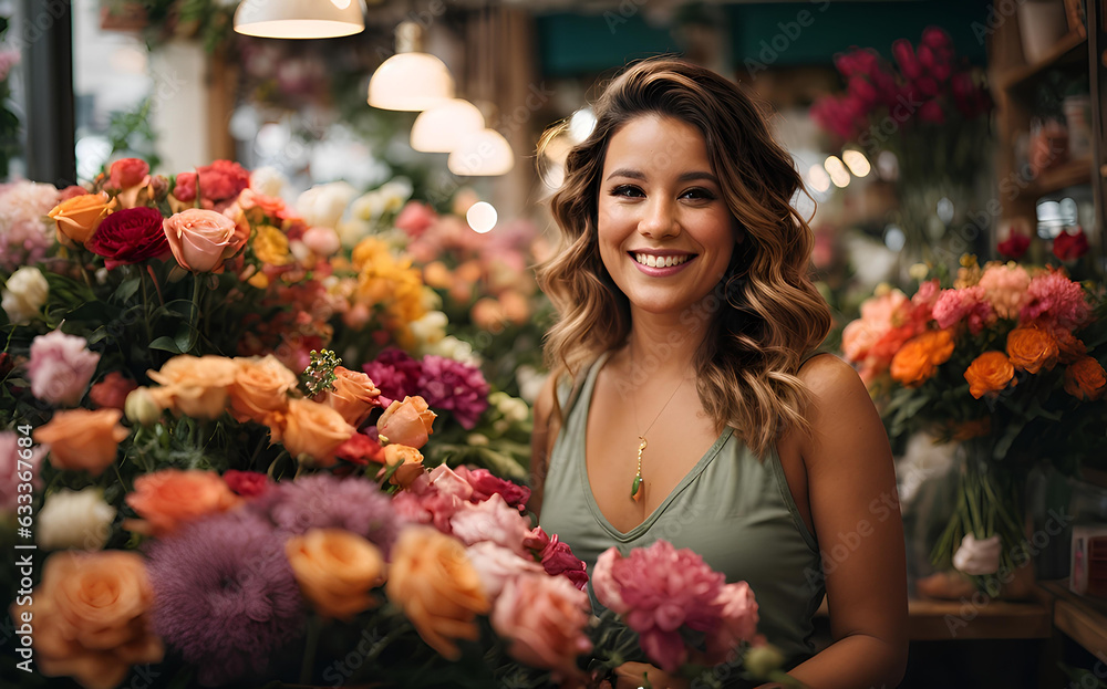 A smiling happy woman in her flower shop among a variety of colorful bouquets