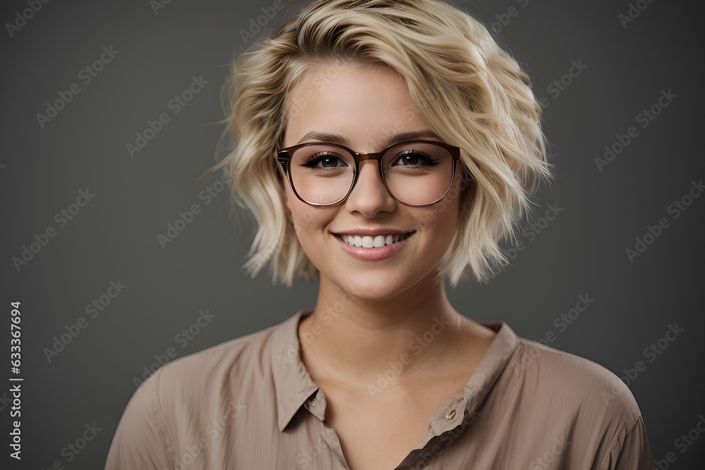 A young smiling woman with glasses with a short haircut