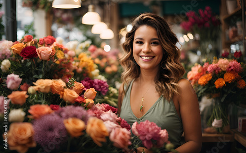 A smiling happy woman in her flower shop among a variety of colorful bouquets