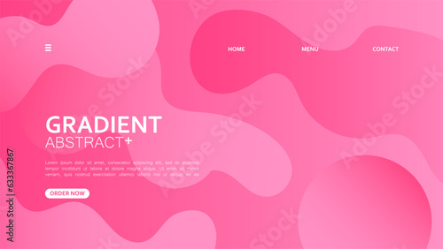The landing page design features a geometric abstract with a gradient of pink color in the background. Vector illustration. minimalist and feminist style.