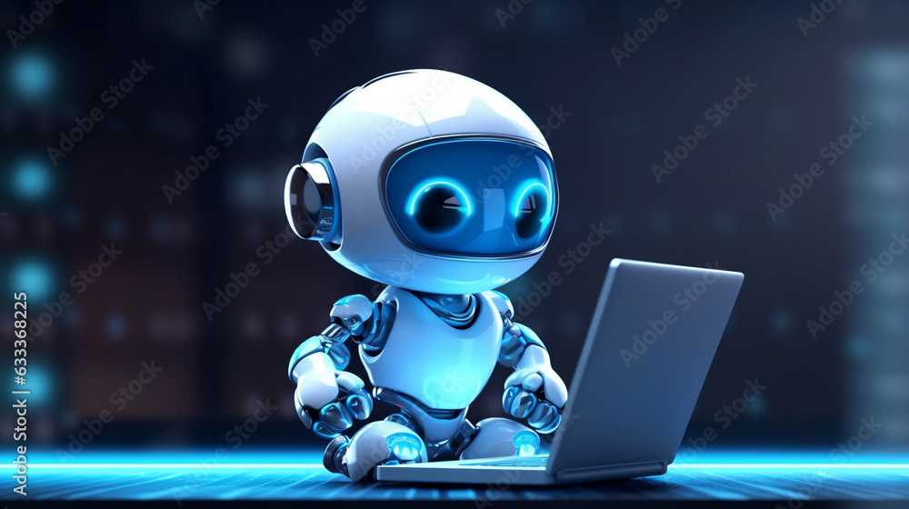 Cute friendly articifial intelligence robot using laptop computer with blue neon glow light, chatbot and AI assistant concept futuristic technology 3d illustration. Cute friendly articifial intelligence robot using laptop computer with blue neon glow light, chatbot and AI assistant concept futuristic technology 3d illustration.