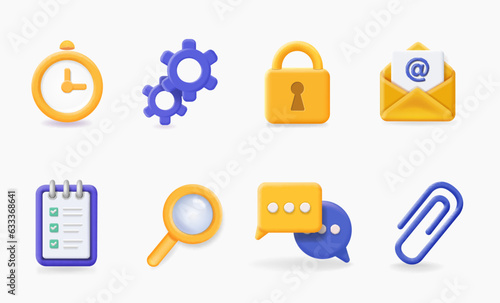 Universal icons. Clock, gear, lock, paper clip, envelope email, paper clip. 3d vector icon set