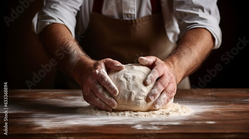 Skillful hands kneading a ball of dough on a flour-dusted surface, preparing to bake © valgabir