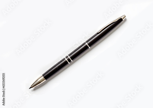 Top view ball point pen isolated on white background, metal pen grey color.