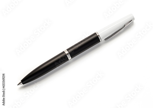 Top view ball point pen isolated on white background, metal pen grey color.