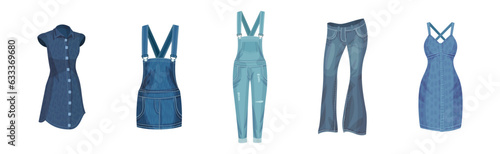 Denim Clothes and Blue Jeans Wear Vector Set