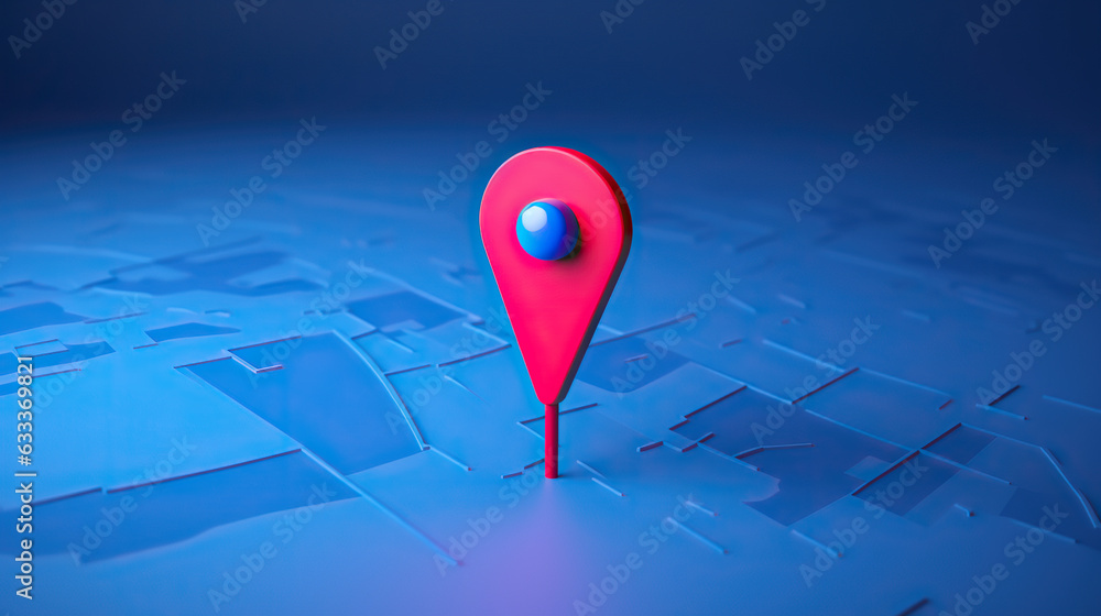 Locator mark of map and location pin or navigation icon sign on blue background with search concept. 3D rendering. - obrazy, fototapety, plakaty 