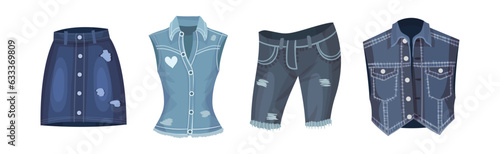 Denim Clothes and Blue Jeans Wear Vector Set