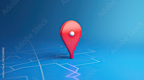 Locator mark of map and location pin or navigation icon sign on blue background with search concept. 3D rendering. photo