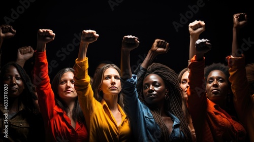 A moment when woman of different races peacefully raise their fists and take photos together.