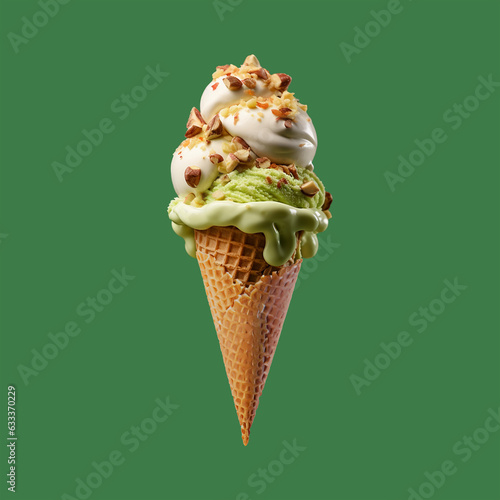ice cream scoop with toppings in waffle cone on colorful background , collection of delicious food and dessert theme .