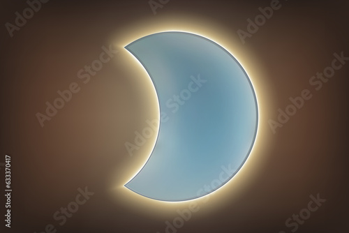 Wall mirror in the shape of a partial moon with yellow backlight on a dark wall. Vector illustration of an interior object with trendy lighting