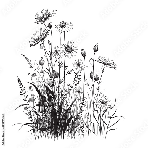 Wild field daisies hand drawn sketch in doodle style field illustration