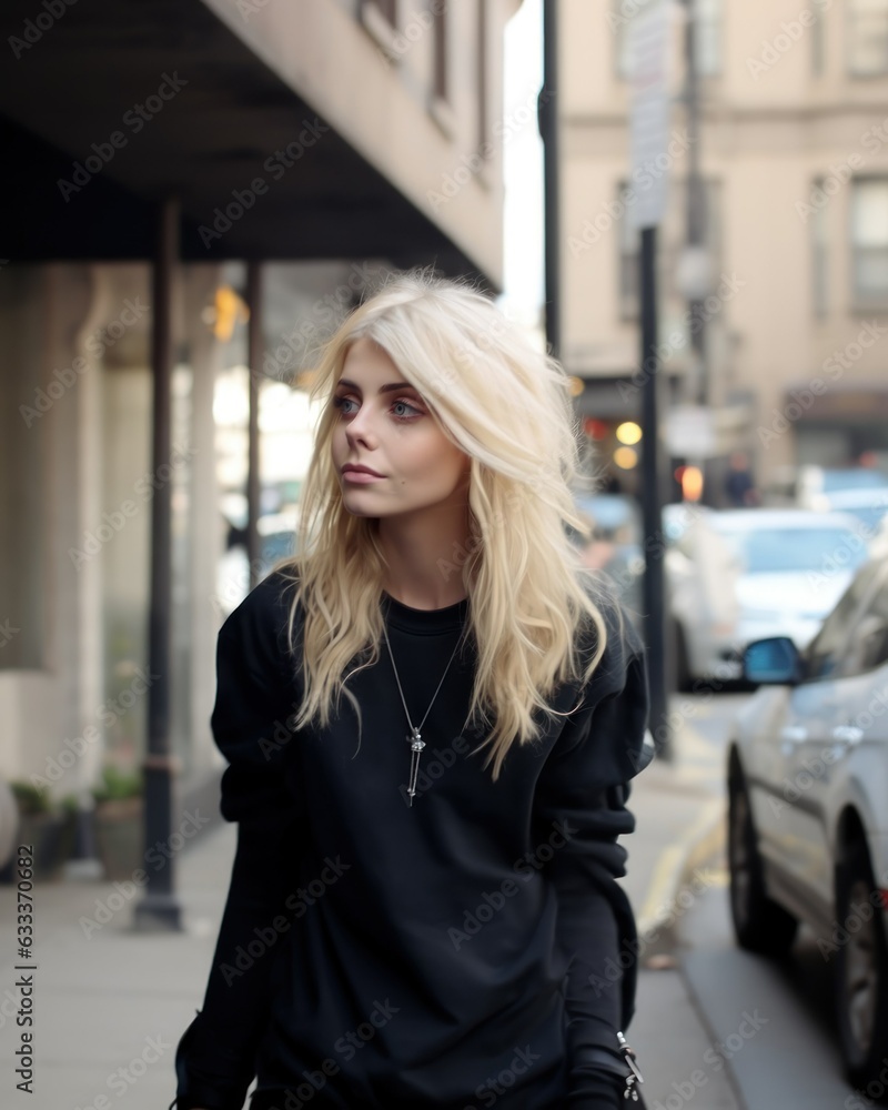Candid street portrait of a fictional beautiful blonde lady with long hair and make-up. Generative AI. Candid street portrait of a fictional beautiful blonde lady with long hair and make-up. Generative AI.