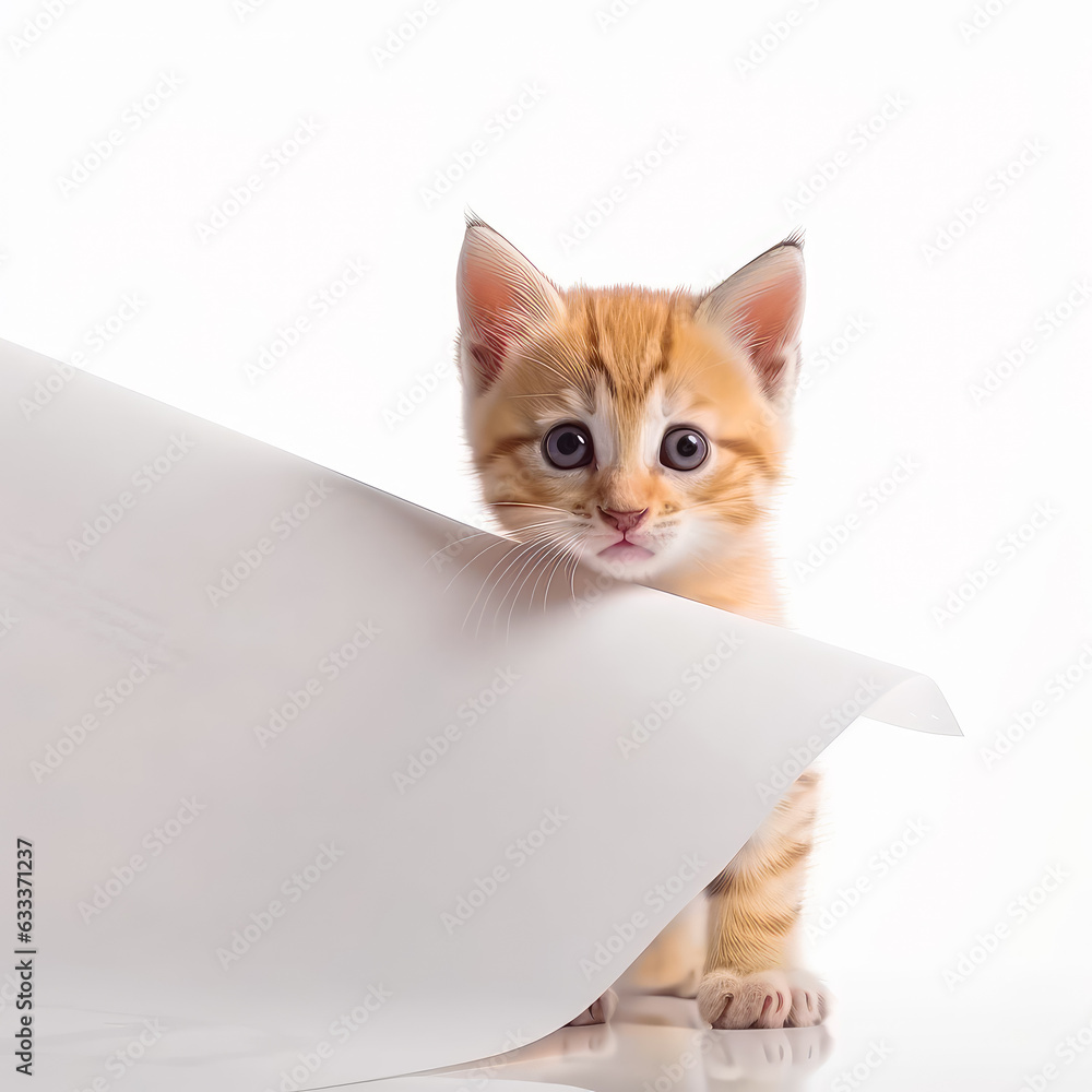 A small kitten peeking out from behind a sheet of paper/ Curious kitten hiding behind a paper sheet