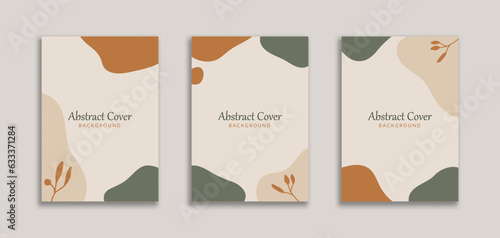 Set of 3 Beautiful Abstract Background with Orange Green Blob and Floral Object. Dynamic style for Cover book, booklet, banners , pamphlet, posters, frame, borders, presentations, flyers