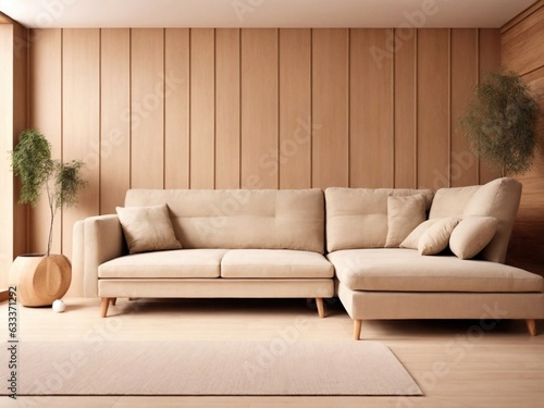 Beige corner sofa against of wooden paneling wall. Minimalist interior design of modern living room © Rodrigo