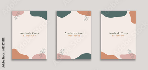 Set of 3 Aesthetic Abstract Background A4 with Orange Green Pink Pastel Blob and Leaf Object. Dynamic style for banners, cover book, booklet, pamphlet, posters, frame, borders, presentations, flyers