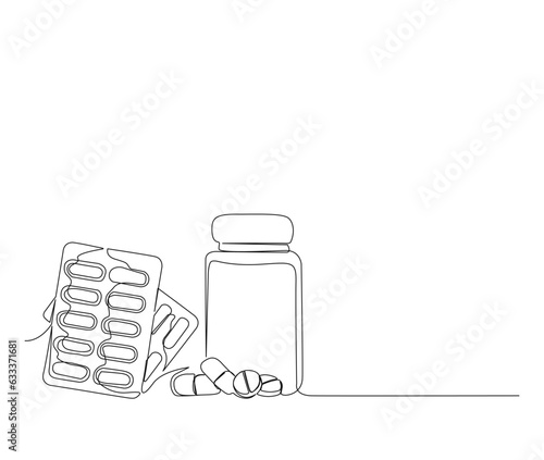 Continuous one line drawing of medical pills or capsule. simple medical drugs pharmacy care line art vector illustration.