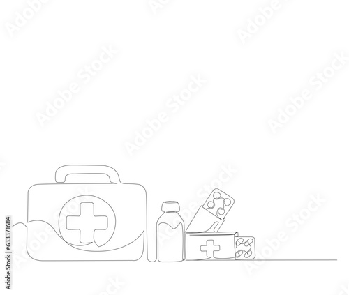 Continuous one line drawing of first aid kit bag. simple first aid bag with pills, capsule and drugs line art vector illustration. Editable stroke.