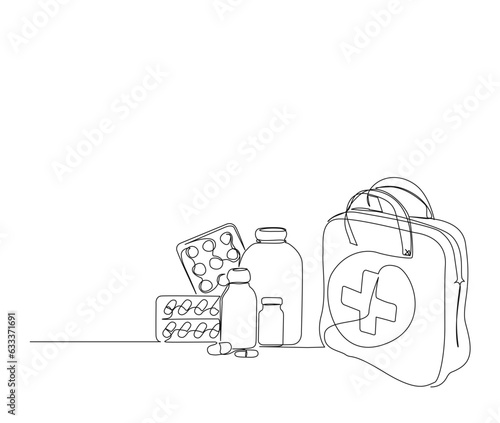Continuous one line drawing of first aid kit bag. simple first aid bag with pills, capsule and drugs line art vector illustration. Editable stroke.