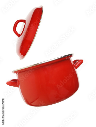 Red cooking pot flying isolated on white transparent background, PNG