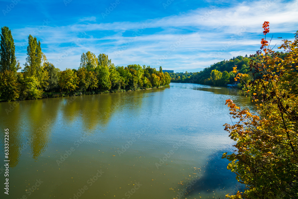 Germany, Stuttgart panorama view neckar river water beautiful autumn nature landscape sun